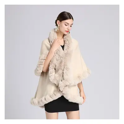 (beige, One Size) Winter Women&apos;s Cape Shawl Fur Collar Large Size Knitted Cardigan Loose Te