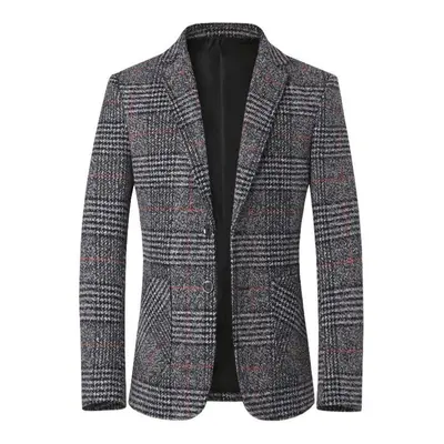 (grey, XXXL) Men Blazer Fashion Plus Size Casual Male Plaid Suit Jacket Spring Autumn Long Sleev