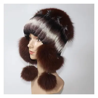 (brown,white, Elasticity 52cm-60cm) Elastic Knitted Rex Rabbit Fur Bomber Hat Handmade Real Fur 