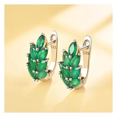 (green, M) Natural Green Agate Earrings Tree Leaves Design Sterling Silver Fine Jewelry For Girl