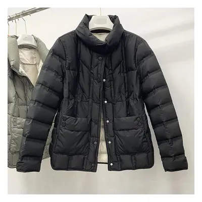 (black, S) Light Down Jacket Female Short Autumn Winter Loose Standing Collar White Duck Down Wa