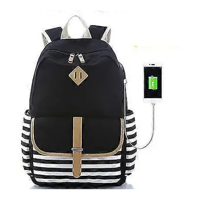 (with USB) Canvas Backpack, Navy Striped Travel Backpack