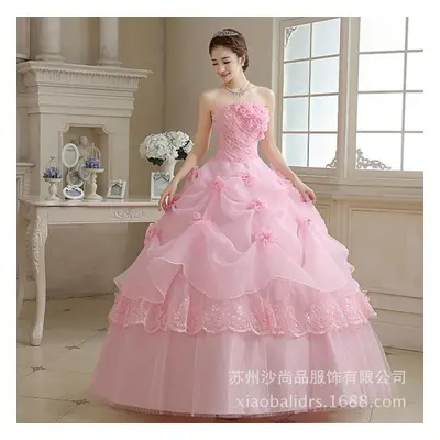 (pink, XXXL) Long Sleeved Wedding Dress A-line New Trailing Lace Bride Wedding Dress Trailing We