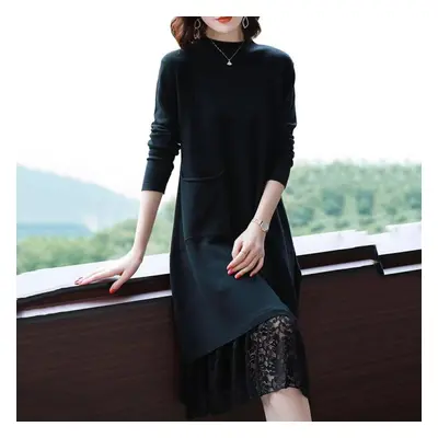 (black, XL) Dress Women&apos;s Autumn And Winter Lace Comfortable Stretchy Mid-length Sweater Dr