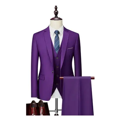 (purple, 180-XL) Men&apos;s Three Piece Business Suits Gentlemen Wedding Bridegroom Party Solid 