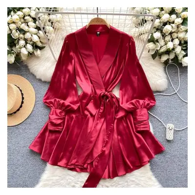 (red, XXL) V Neck Puff Sleeve Satin Lace-up Solid Color Dresses For Women French Chic Pleated Dr