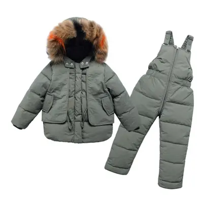 (green, 110(4T)) 2pcs Set Winter Children&apos;s Down Jacket Real Fur Collar Baby Girl Clothes W