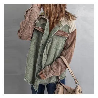 (green, XS) Women&apos;s Autumn Corduroy Shawl Jacket Long Sleeve Buckle Color Matching Hooded J