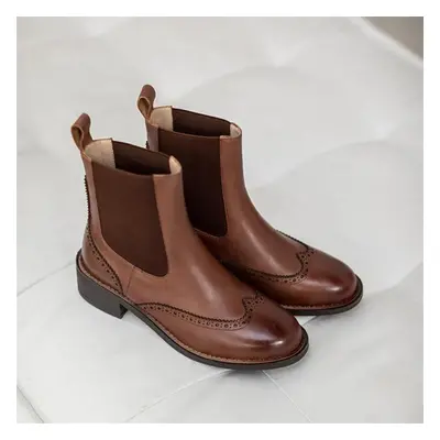 (brown, 33) Meotina Chelsea Boots Women Shoes Real Leather Mid Heel Ankle Boots Round Toe Chunky