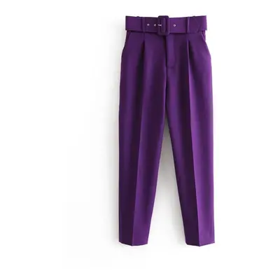 (purple, L) Pants Suit Women High Waist Sashes Pockets Middle Aged Long Pant