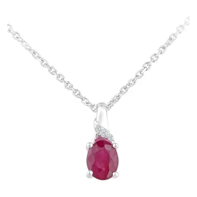 Jewelco London 9ct White Gold Round 1pts Diamond Oval 0.43ct Ruby Cluster Pendant Necklace inch 