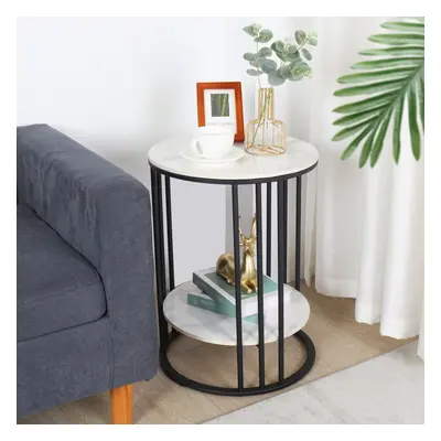 (Black Legs White Top,2 Tier) Marble Coffee Table Modern Round Side End Table