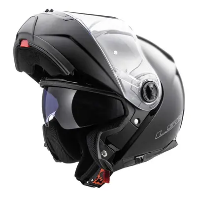 (Medium) LS2 FF325 Strobe Gloss Black Flip Front Motorcycle Helmet with Drop Down Sun Visor