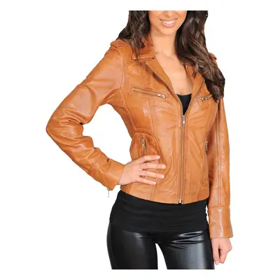 (Tan, 18) Womens Fitted Biker Style Leather Jacket Betty Tan