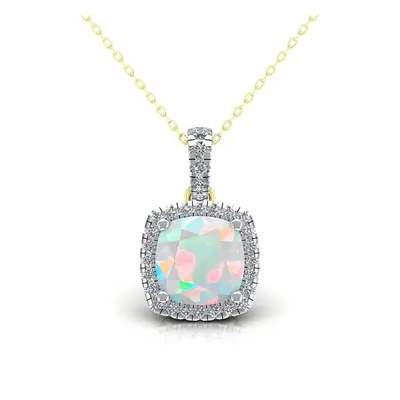 Jewelco London Ladies 2-Colour 9ct Gold Rainbow Cushion Opal CZ Solitaire Halo Cluster Pendant N