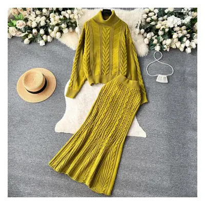 (green, One Size) Winter New Turtle Neck Long-sleeved Twisted Sweater + High Waist Mermaid Knit 