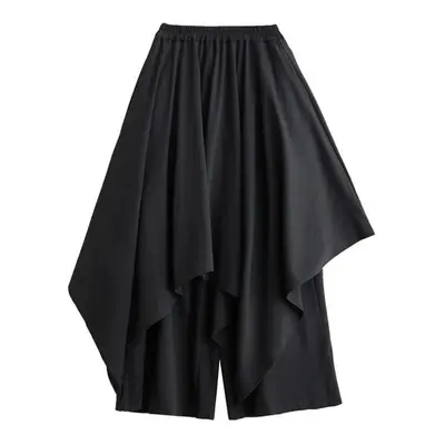 (black, One Size) Xitao Loose Irregular Folds Wide Leg Pants Solid Color Asymmetric Women Casual