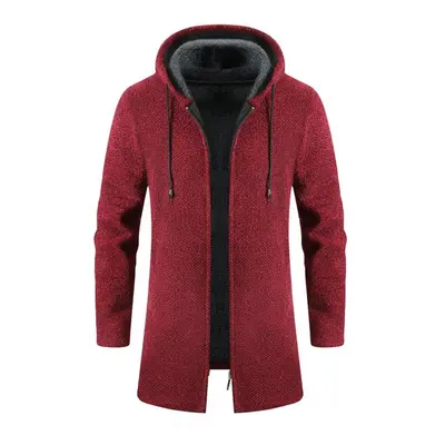 (red, 3XL) Men&apos;s Sweaters Coat Autumn Winter New Warm Zipper Medium Long Velvet Cardigan Sw