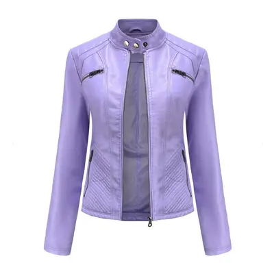 (purple, XXL) Ladies Autumn Winter Stand Collar Long Sleeve Slim Leather Pu Jacket S-3xl