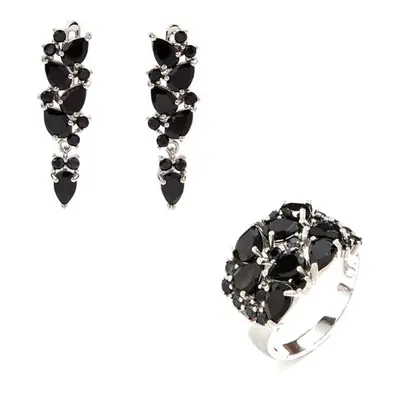 (black, us ring size 9#) Jewelry Set Long Dangle Silver Earrings Rings Natural Black Spinel Gems