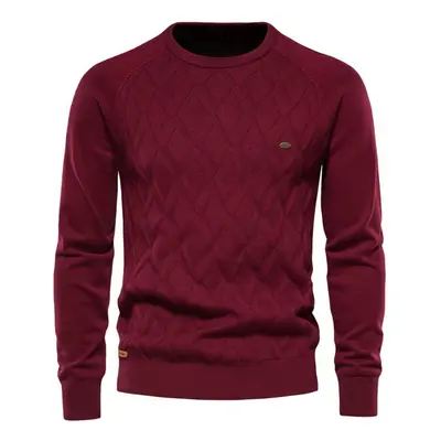 (red, 50-60 kg) Aiopeson Argyle Men&apos;s Basic Pullover Solid Color O-neck Knitted Male Sweate