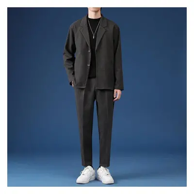 (grey, XXXXL) Male Casual Suit Blazer Set Streetwear Stylish Korean Pieces Sets With Pants Sprin