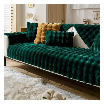 (dark green, 110x160cm) Thicken Imitation Rabbit Fur Plush Sofa Slipcover Non-slip Soft Sofa Tow