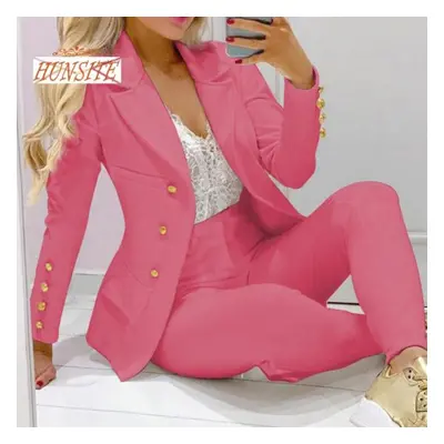 (pink, M) Pcs/set Lady Business Suit Turn-down Collar Solid Color High Waist Single-breasted Ank