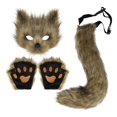 (brown) Furry Fox Mask Wolf Fox Tail And Paw Gloves Set Adult Cat Halloween Mask Cosplay Animal 