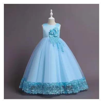 (light blue, (9-10T)) Summer Tulle Flower Girls Dress For Wedding Party Child Princess Pageant L