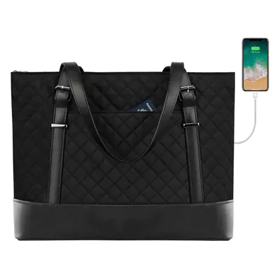 (Quilted Black) Laptop Tote bag 15.6 Inch Large Shoulder Bag Lightweight with USB Charging Port 