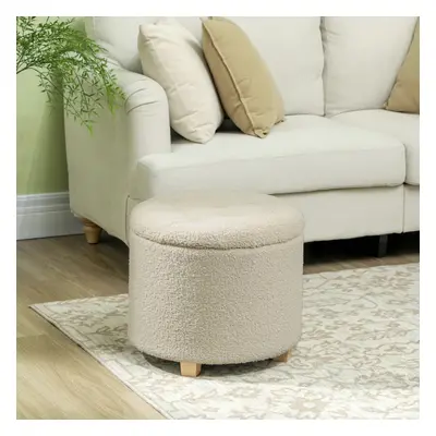 HOMCOM 45cm Round Ottoman with Storage, Lid, Cashmere Footstool, Cream White