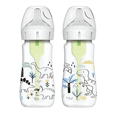 Dr Brown's Anti-Colic Options+ Wide-Neck Baby Bottle, 9oz/270ml, 2-Pack - Dinosaur Design