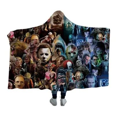 Horror Movie Character Pattern Fleece Hooded Blanket Wearable Layer Blankets Halloween Blanket