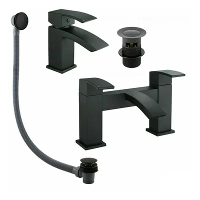 Bathroom Matt Black LUCIA Waterfall Bath Filler Basin Mixer & Waste Set