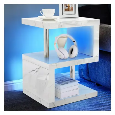 Blisswood High Gloss Small Side table With Storage Shelves, Tier Sofa End Table with Led RGB Lig