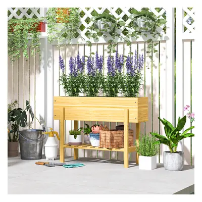 Outsunny Wooden Raised Bed w/ Bed Liner, Storage Shelf, Natural Wood Finish