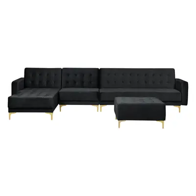 Right Hand Modular Velvet Sofa with Ottoman Black ABERDEEN