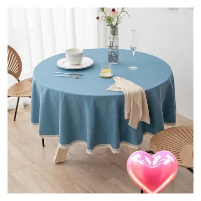 (blue, Round 280cm) Solid Color Linen Large Round Tablecloth Waterproof And Oil-proof Cloth Art 