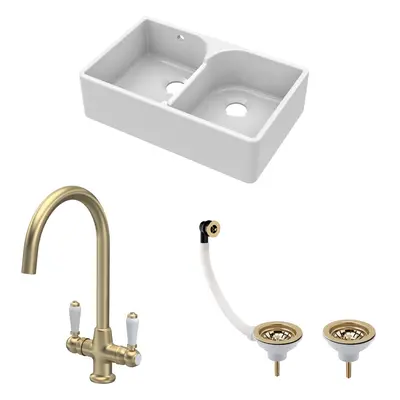 Fireclay Kitchen Bundle - Double Bowl Stepped Weir Butler Sink, Wastes & Lever Tap, 795mm - Brus