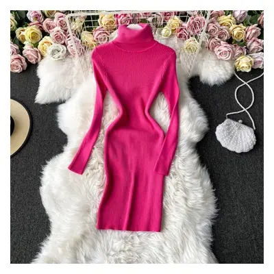 (barbie pink, One Size) New Autumn Winter Women&apos;s Dress Temperament Solid Color Thicken Kni