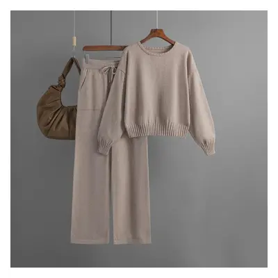 (khaki, OneSize) Fall Winter Lazy Wind Loose O-neck Pullover Sweater Suit Women&apos;s Solid Col