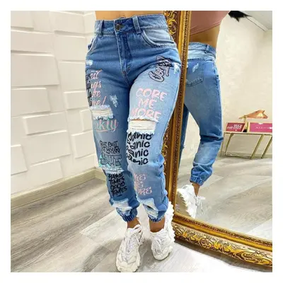 (blue, M) Spring Women&apos;s Casual Ripped Jeans Letter Print Leggings Trousers