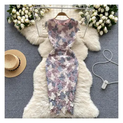 (multicolor, XL) Summer French Butterfly Openwork Crocheted Lace Wrap Hip Pencil Dress Women New