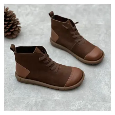 (coffee, 36) Johnature Handmade Retro Cowhide Short Boots Round Toe Elastic Strap Casual Genuine