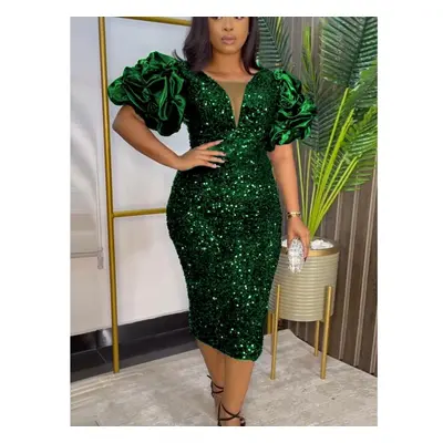 (green, 3XL) Aomei Sequins Midi Dress For Women V Neck Short Puff Sleeve Glitter Women Birthday 