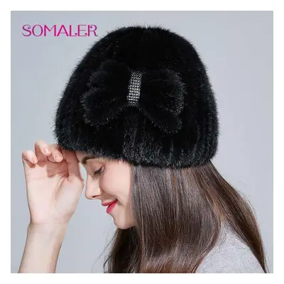 (black) Somaler Women Winter Fur Hats Genuine Mink Fur Beanie Hat Thick Warm Knitted Fur Beanies