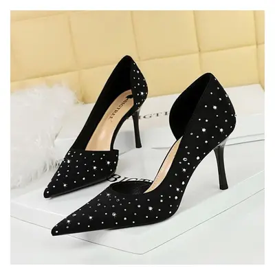 (black, 39) Women&apos;s Fashion Banquet High Heels Slim Heels Shallow Mouth Pointed Side Hollow