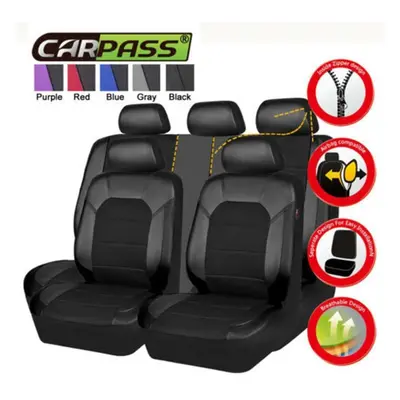 (black) Pu Leather Car Seat Covers Universal Full Synthetic Set Full Seat Covers