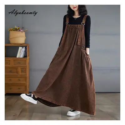 (as the picture, XXL) Korean Style Autumn Winter Women Plus Size Midi Sundress Suspenders Brown 